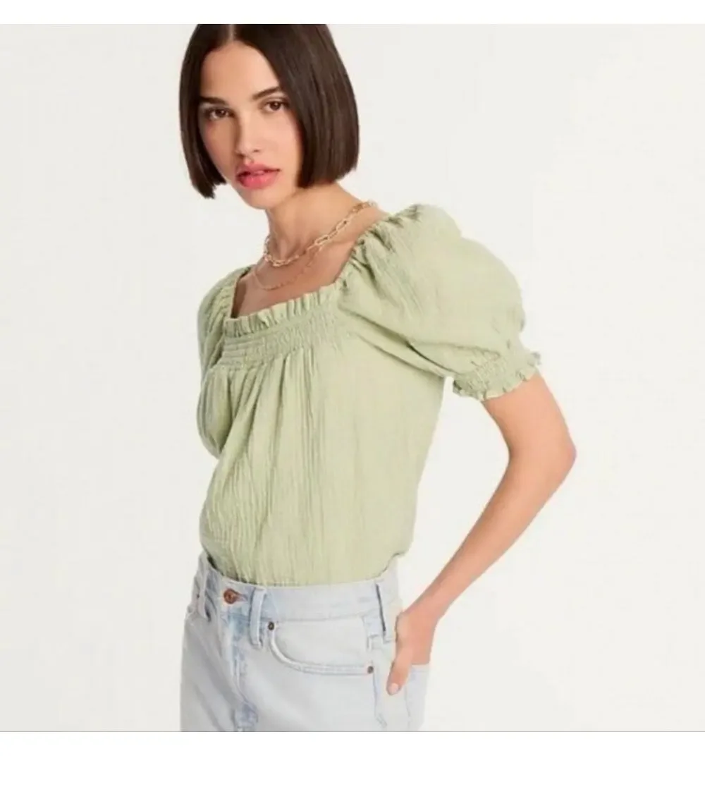 J. Crew 100% Cotton Sage Green Smocked Puff Sleeve Gauze Top Size S